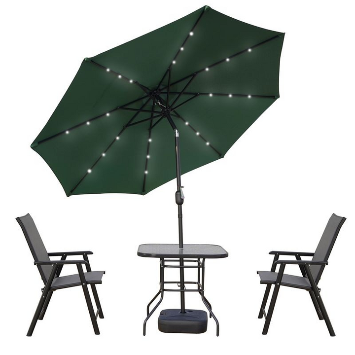 LeisureMod Sierra Outdoor Patio Umbrella with Base in Green Tilted.