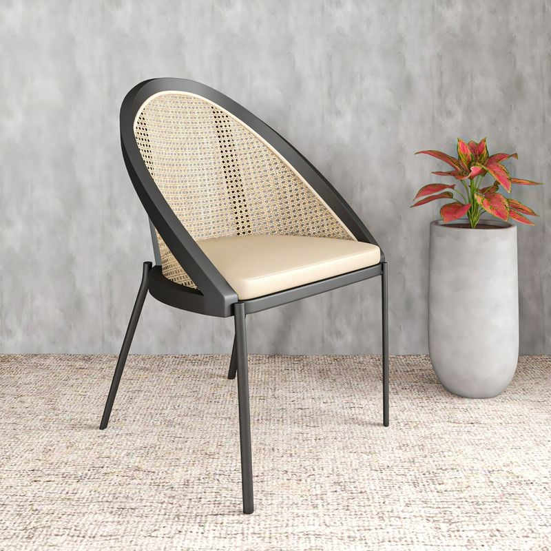 LeisureMod Urbane Collection Modern Dining Chair with Wicker Back in Cream with Background.