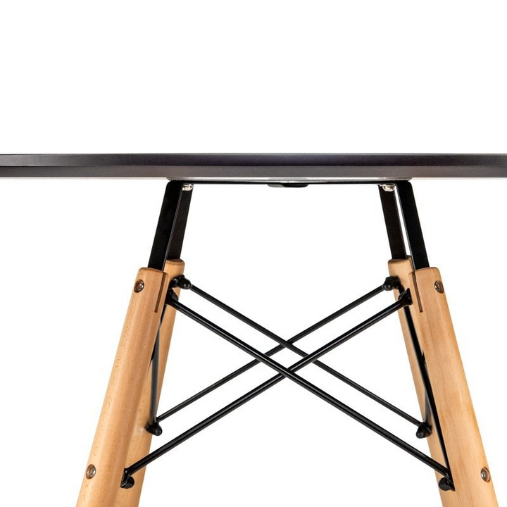 LeisureMod Dover Round Bistro Wood Top Dining Table w/Natural Wood Eiffel Base Closeup.