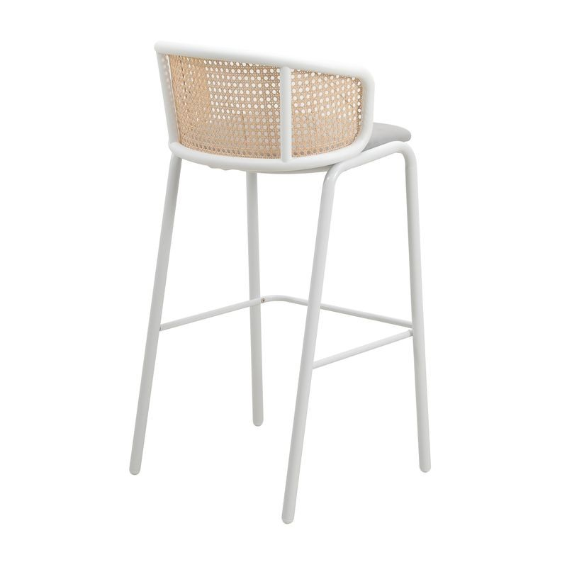 LeisureMod Ervilla Mid-Century Modern Wicker Bar Stool with Fabric Seat and White Powder Coated Steel Frame for Kitchen and Dining Room in Grey Back View