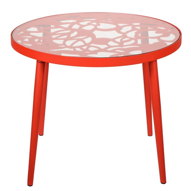 LeisureMod Devon Mid-Century Modern 3-Piece Aluminum Outdoor Patio Dining Set with Tempered Glass Top Table and 2 Stackable Flower Design Armchairs Red table.