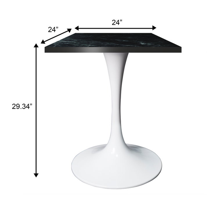 LeisureMod Verve Collection 24 Square Dining Table, White Base with Black MDF Top Dimensions.