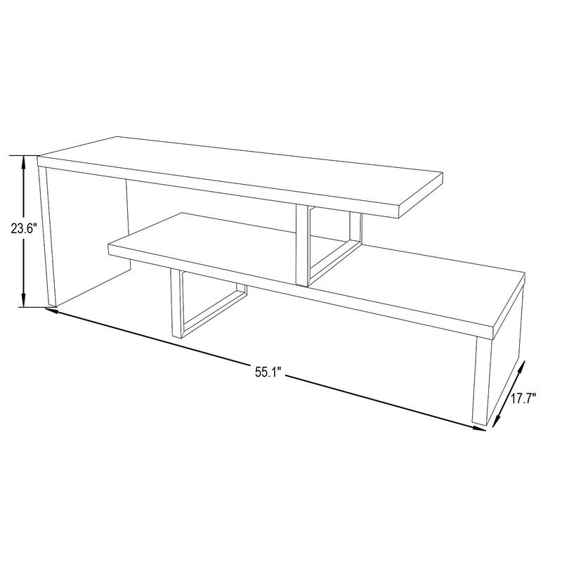 LeisureMod Orford Mid-Century Modern TV Stand with MDF Shelves and Powder Coated Iron Legs in Ebony Dimensions.