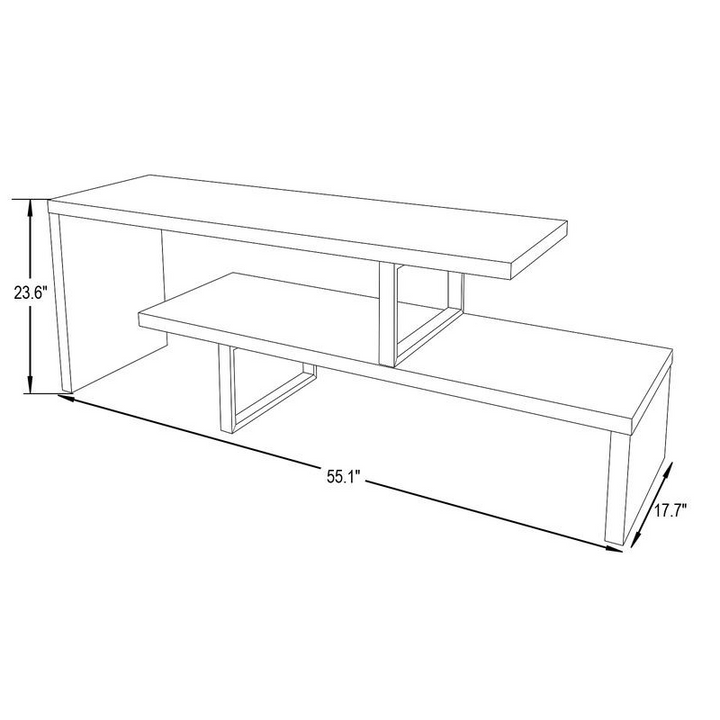 LeisureMod Orford Mid-Century Modern TV Stand with MDF Shelves and Powder Coated Iron Legs in Ebony Dimensions.