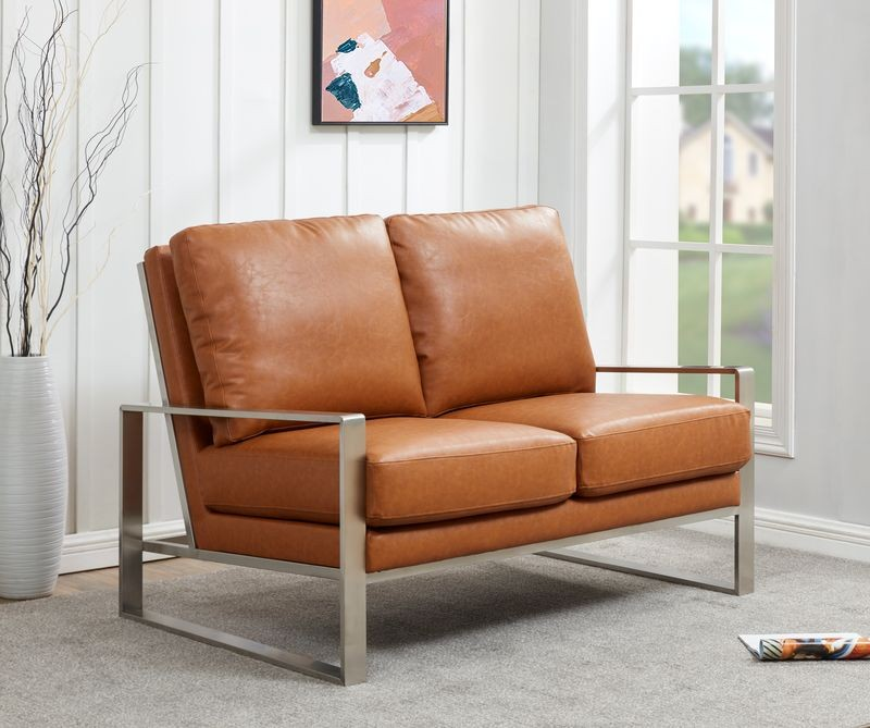 Leisuremod Jefferson Contemporary Modern Faux Leather Loveseat with Silver Frame Cognac Tan with Background.
