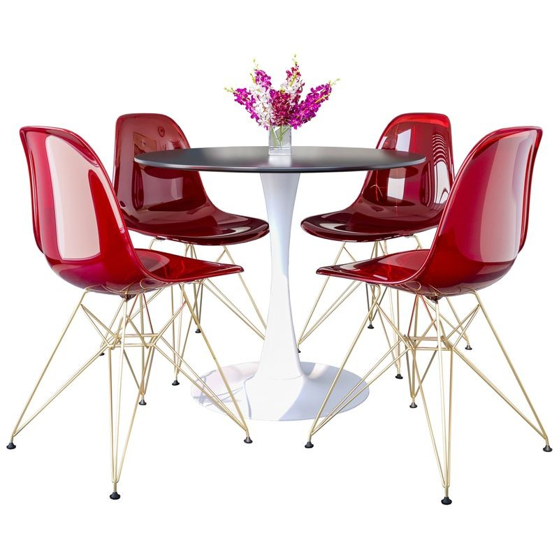 LeisureMod 5-Piece Dining Set with 35" Round Dining Table in White Iron Pedestal Base and 4 ABS Plastic Side Chair with Gold Base Transparent Red