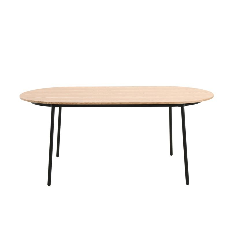 LeisureMod Tule Modern 71" Oval Dining Table with MDF Top and Black Steel Legs in Natural Wood Side View.