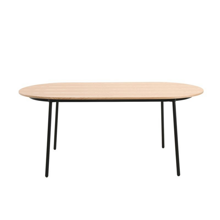 LeisureMod Tule Modern 71" Oval Dining Table with MDF Top and Black Steel Legs in Natural Wood Side View.