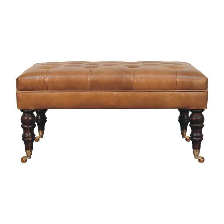 California Walnut Buffalo Tan Leather Ottoman with Castor Legs