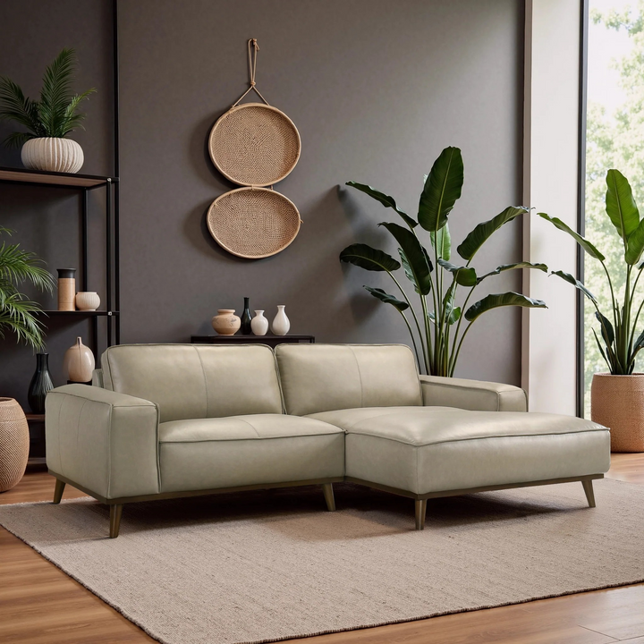 Kerrville Beige Leather Right Sectional Sofa Angled Photo.