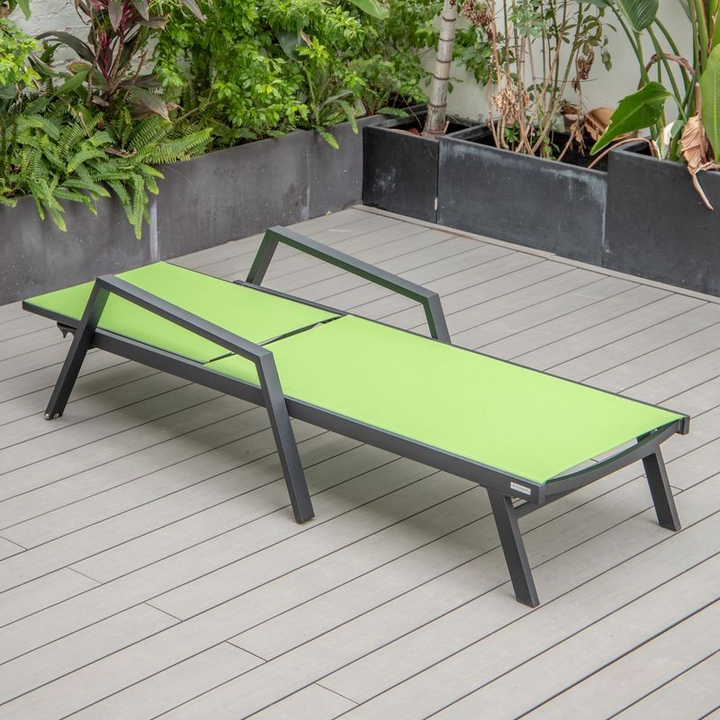 LeisureMod Marlin Patio Chaise Lounge Chair with Armrests in Black Aluminum Frame Green