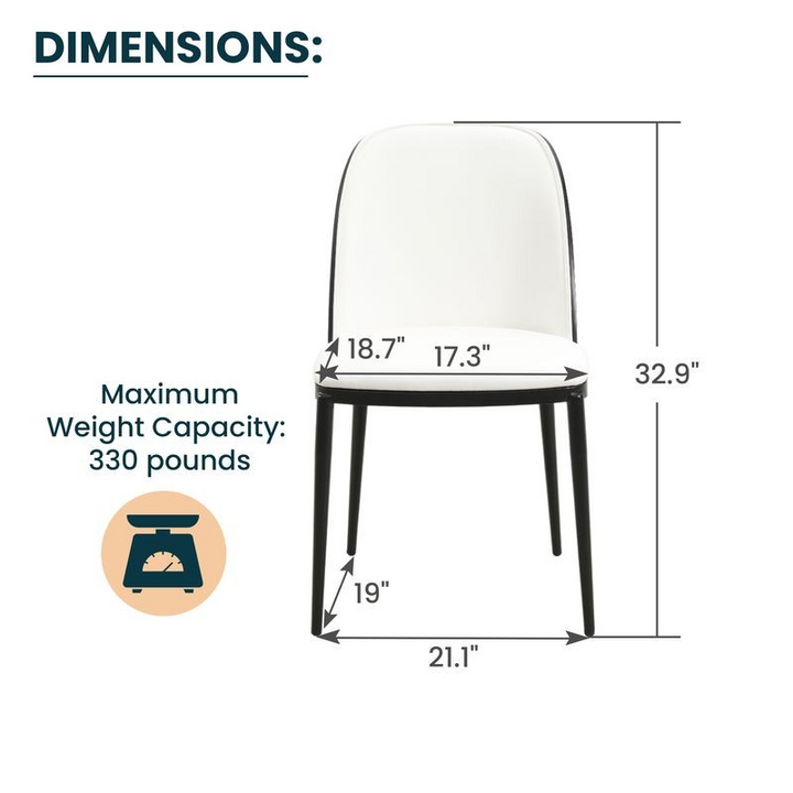 Measurement chart of a chair with dimensions and weight capacity on a white background.