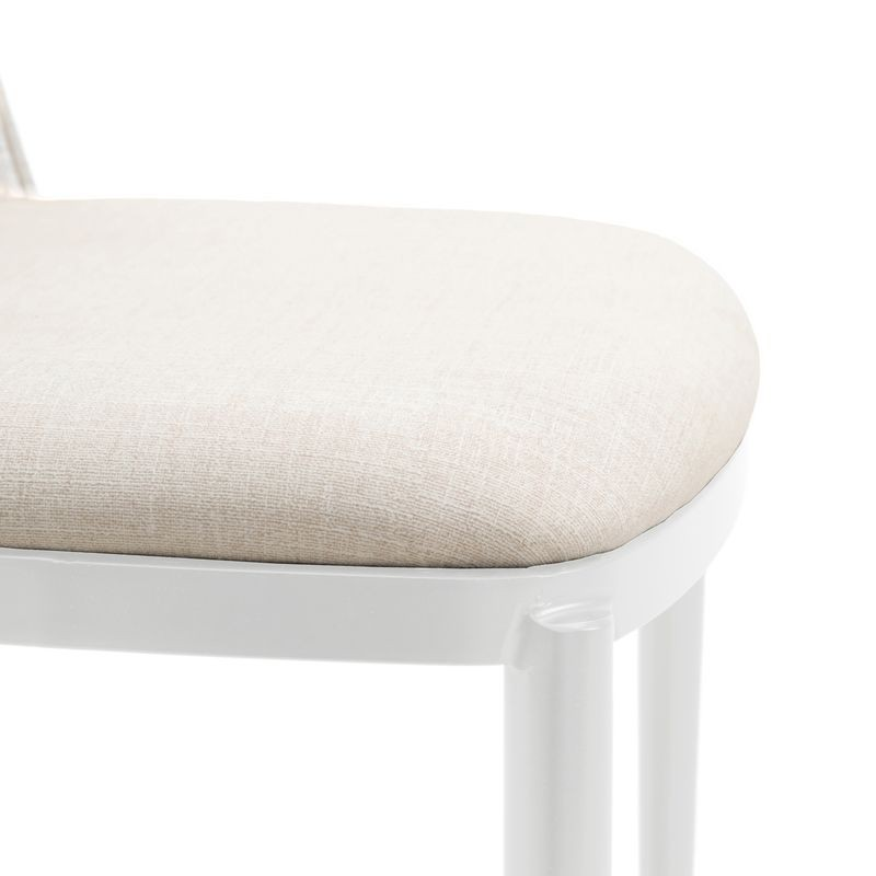 LeisureMod Tule Mid-Century Modern Fabric Dining Side Chair with White Powder-Coated Steel Frame Walnut/Beige Seat Closeup.