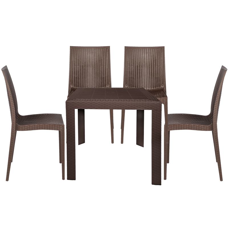 LeisureMod Mace Mid-Century 5-Piece Outdoor Dining Set Brown without Background.