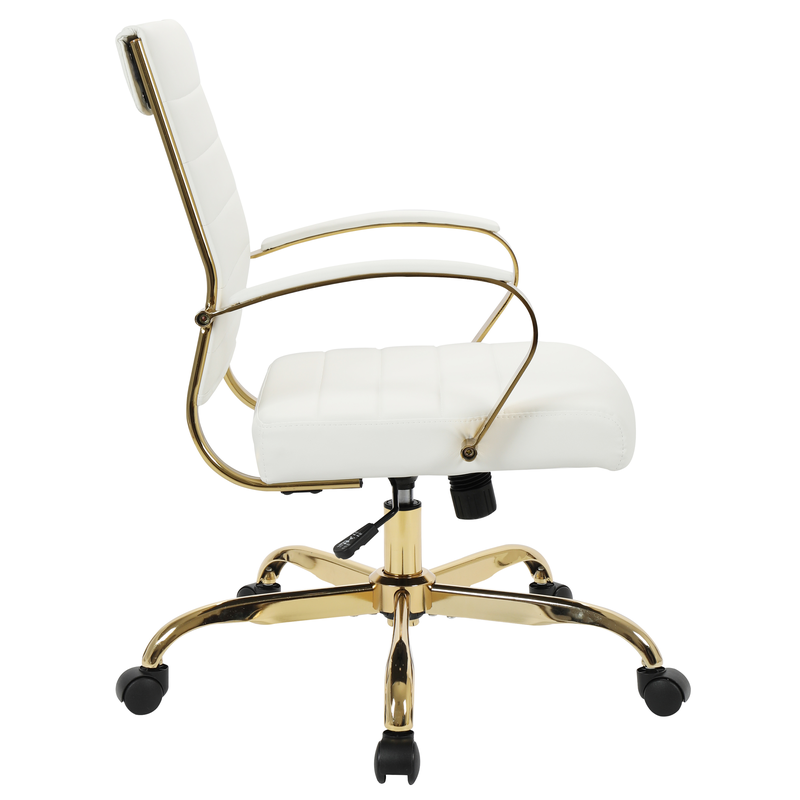 LeisureMod Benmar Home Leather Office Chair with Gold Frame White Side View.