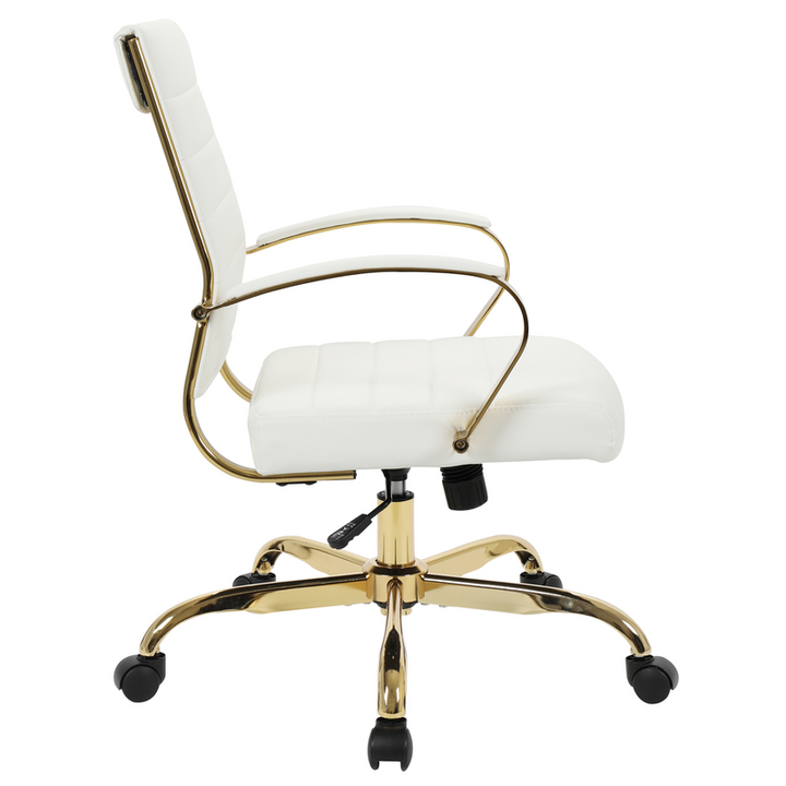 LeisureMod Benmar Home Leather Office Chair with Gold Frame White Side View.