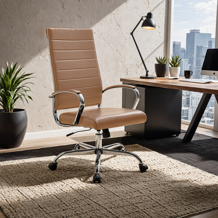 LeisureMod Benmar High-Back Leather Office Chair Brown at Desk.