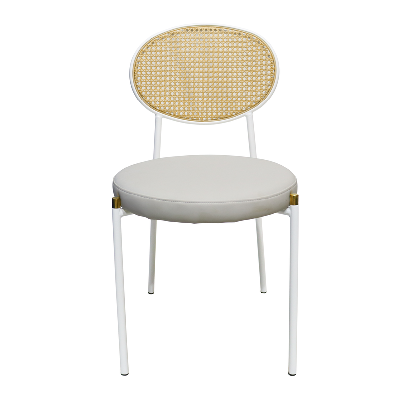 LeisureMod Euston Modern Wicker Dining Chair with White Frame and Leather Seat in White Set of 2 Front View.