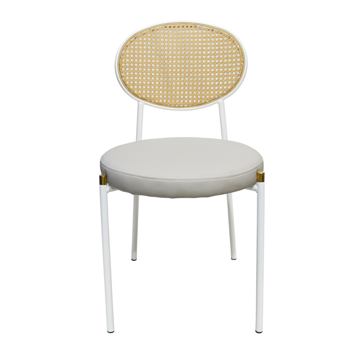 LeisureMod Euston Modern Wicker Dining Chair with White Frame and Leather Seat in White Set of 2 Front View.