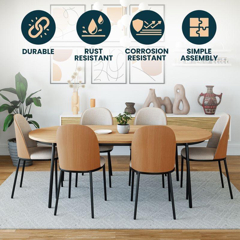 Dining table set with chairs in a room setting, featuring durability, rust resistance, corrosion resistance, and simple assembly icons.