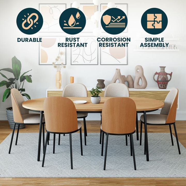 Dining table set with chairs in a room setting, featuring durability, rust resistance, corrosion resistance, and simple assembly icons.