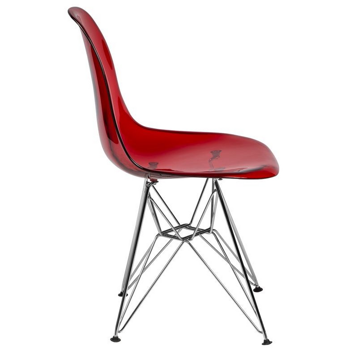 LeisureMod Cresco Molded Eiffel Side Chair Transparent Red Side View.