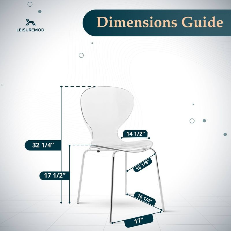 Chair dimensions guide with LeisureMod logo on a white background.