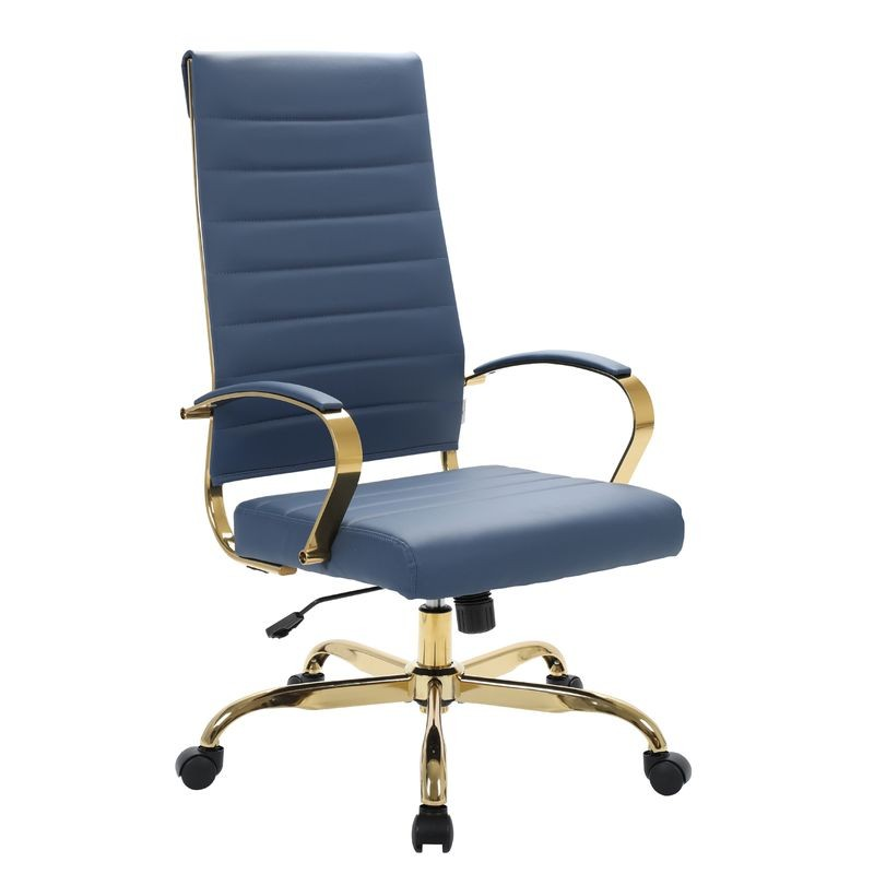 LeisureMod Benmar High-Back Leather Office Chair with Gold Frame Navy Blue
