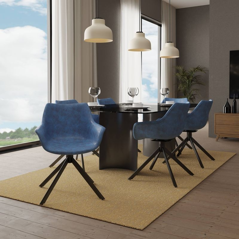 LeisureMod Markley Modern Leather Dining Swivel Armchair in Light Blue at Table.