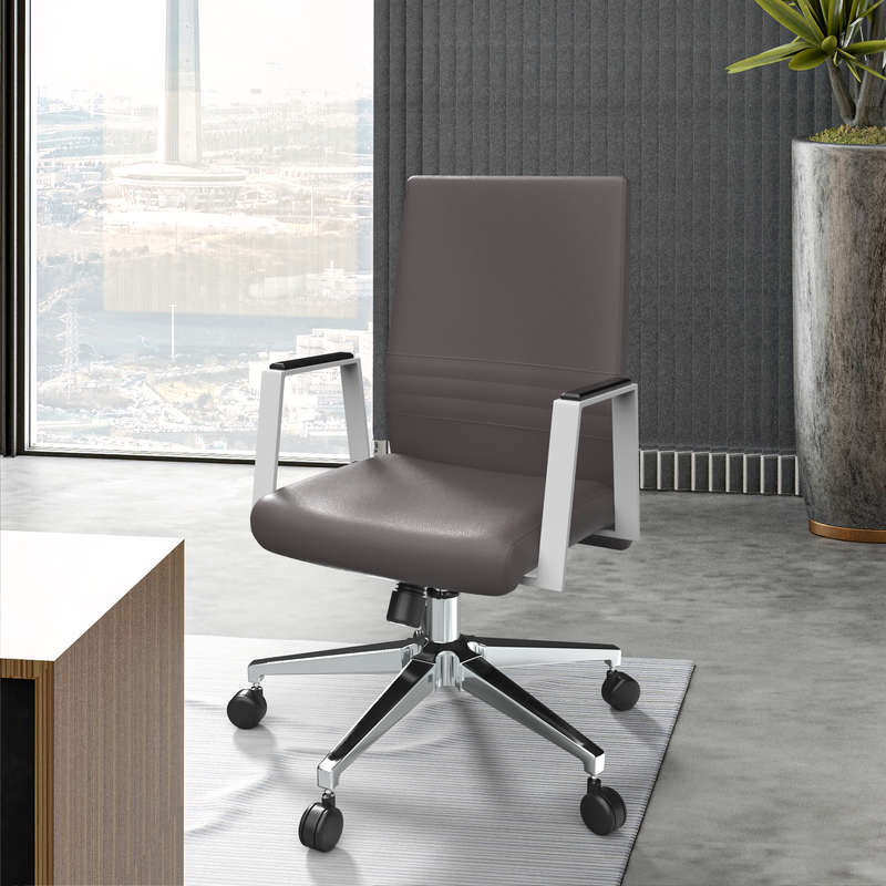 LeisureMod Aleen Office Chair in Upholstered Leather and Iron Frame with Swivel and Tilt in Grey at Desk.