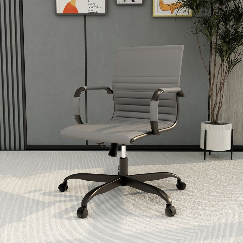 LeisureMod Harris Leather Home Office Chair in Grey with Black Frame with Background.
