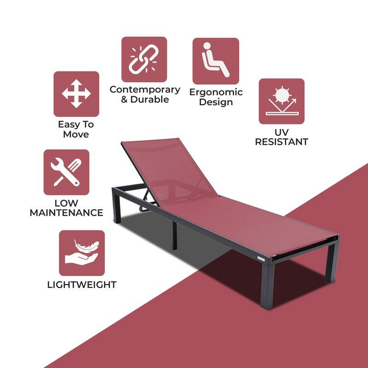 LeisureMod Marlin Patio Chaise Lounge Chair with Black Aluminum Frame Burgundy Description.