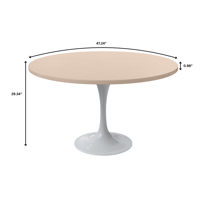 LeisureMod Verve Collection 48 Round Dining Table, White Base with Light Natural Wood MDF Top