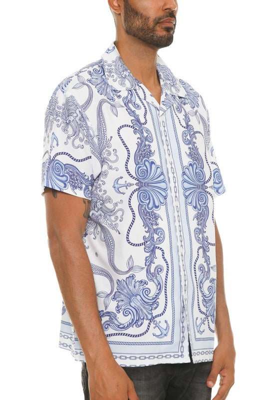 Men's Collared Print Button Down Shirt