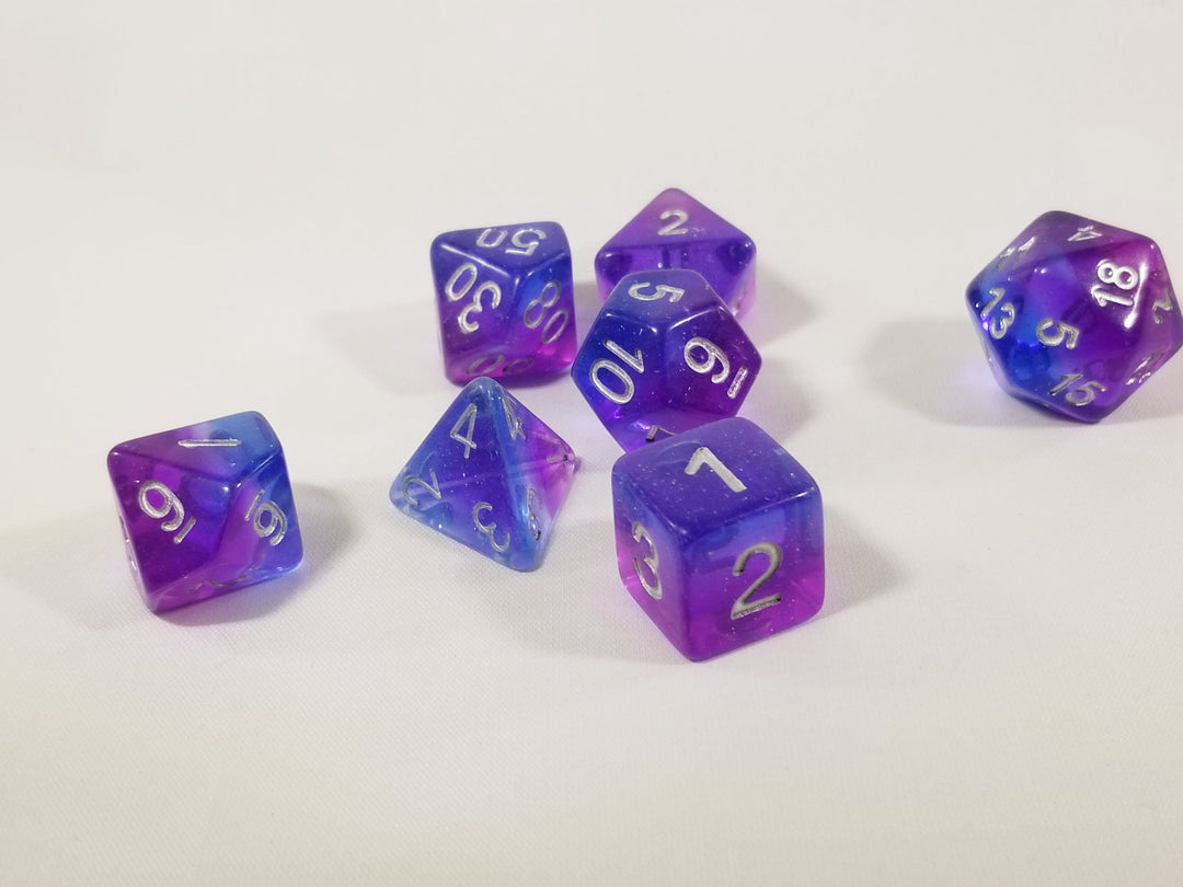 Purple & Blue Translucent Glitter Aurora Poly Dice Set (7) New Silver Numbers RPG DnD