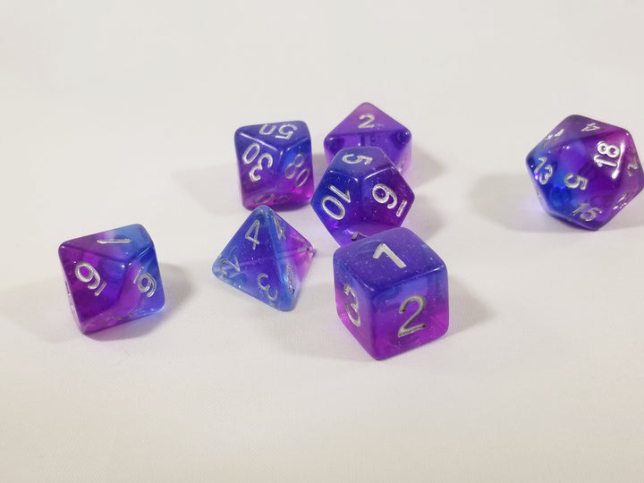 Purple & Blue Translucent Glitter Aurora Poly Dice Set (7) New Silver Numbers RPG DnD