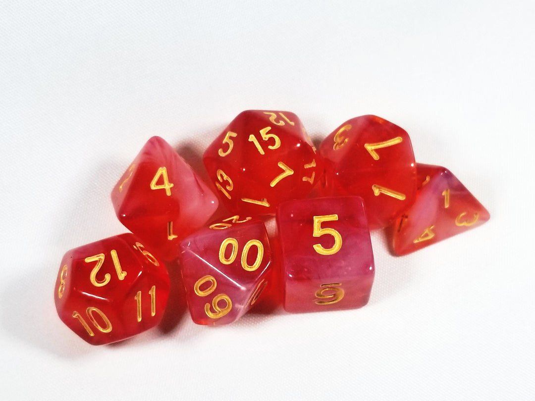 Milky 7-Dice Set Translucent w/Swirls and Gold Numbers by HDdice Red, Yellow, Green, Blue, and Purple