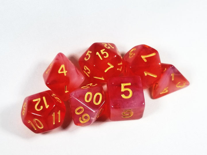 Milky 7-Dice Set Translucent w/Swirls and Gold Numbers by HDdice Red, Yellow, Green, Blue, and Purple
