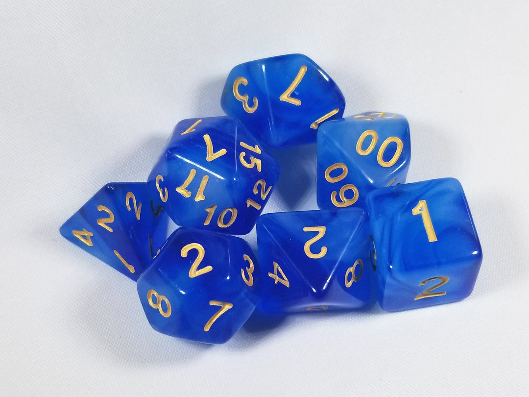 Milky 7-Dice Set Translucent w/Swirls and Gold Numbers by HDdice Red, Yellow, Green, Blue, and Purple