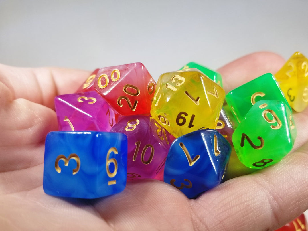 Milky 7-Dice Set Translucent w/Swirls and Gold Numbers by HDdice Red, Yellow, Green, Blue, and Purple