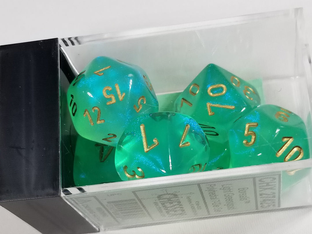 CHX 27425 Polyhedral 7-Die Borealis Light Green w/ Gold Numbers Set Of 7 Dice Chessex