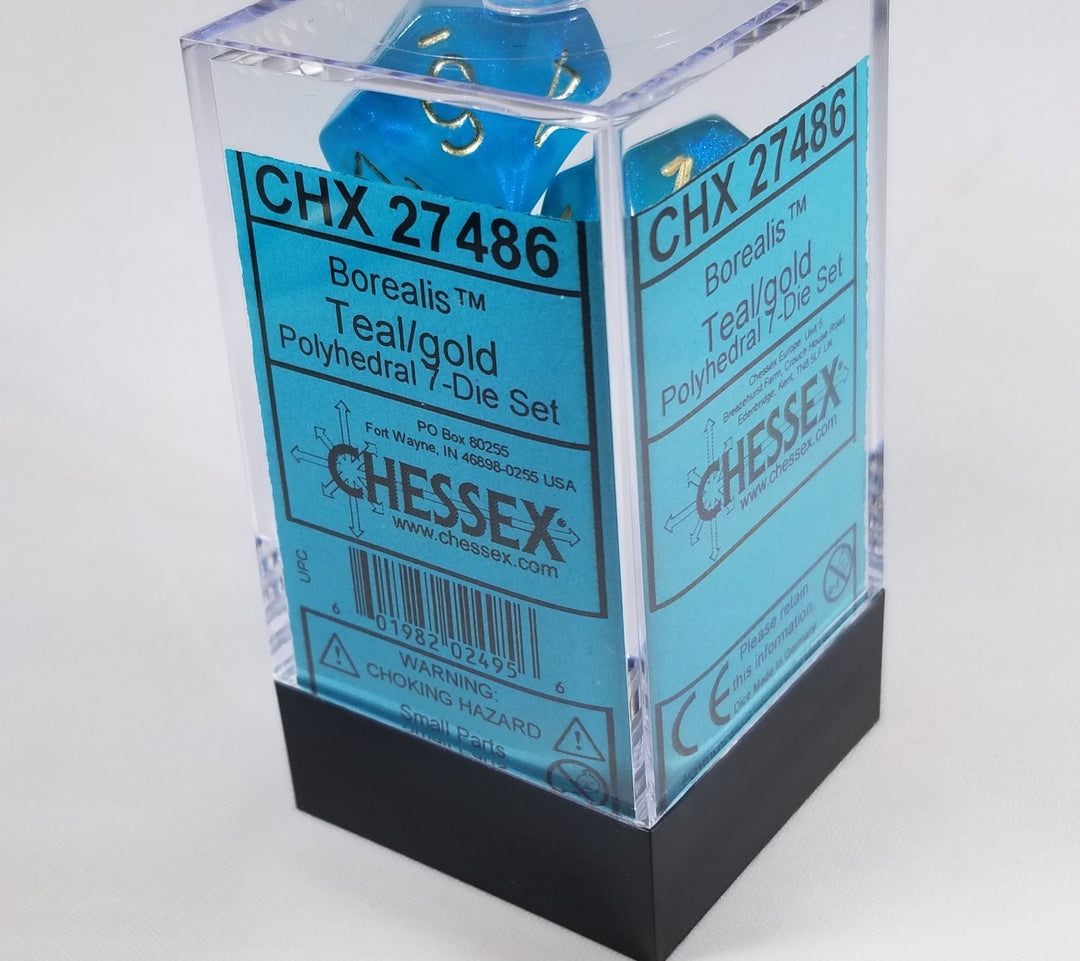 CHX 27486 Polyhedral 7-Die Borealis Teal w/ Gold Numbers Set Of 7 Dice Chessex