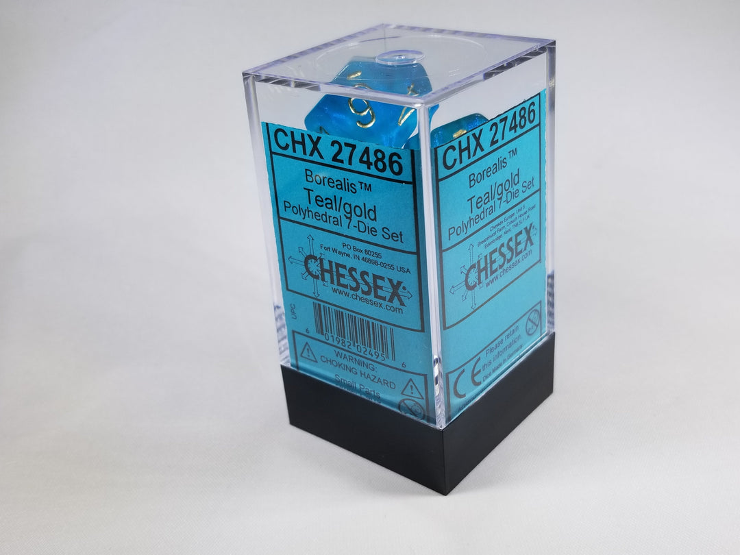 CHX 27486 Polyhedral 7-Die Borealis Teal w/ Gold Numbers Set Of 7 Dice Chessex