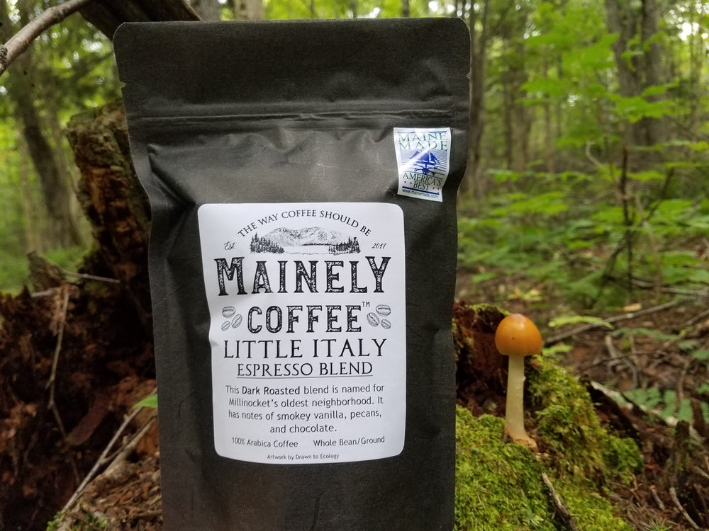 Mainely Coffee Little Italy Espresso Blend package in a forest setting with a mushroom.