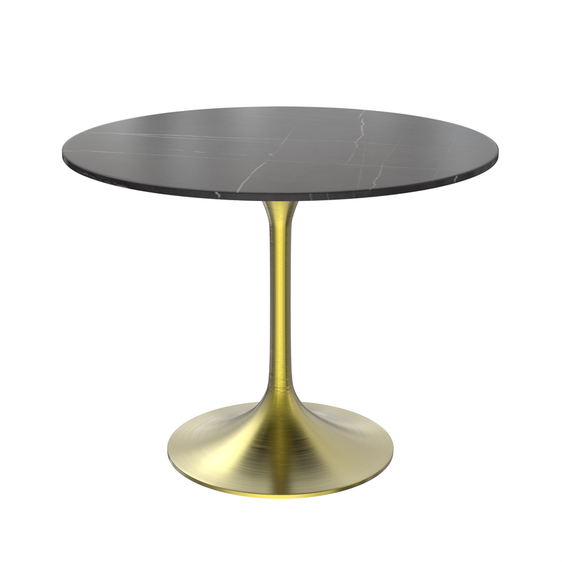LeisureMod Verve Collection 36 Round Dining Table, Brushed Gold Base with Sintered Stone Black Top