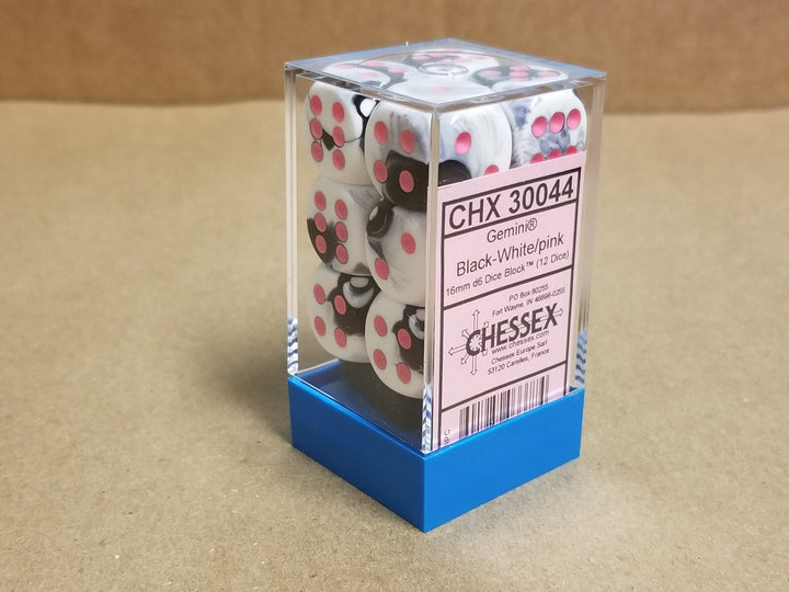 Gemini Black White w/Pink 16mm 12 dice block Limited Edition Lab Dice