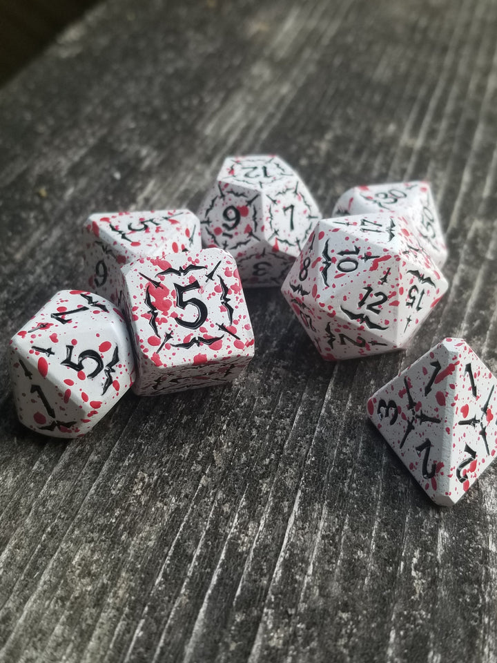Battle Hardened Dice: White metal dice w/Black numbering and Red Splatter 7- Dice Set Rpg