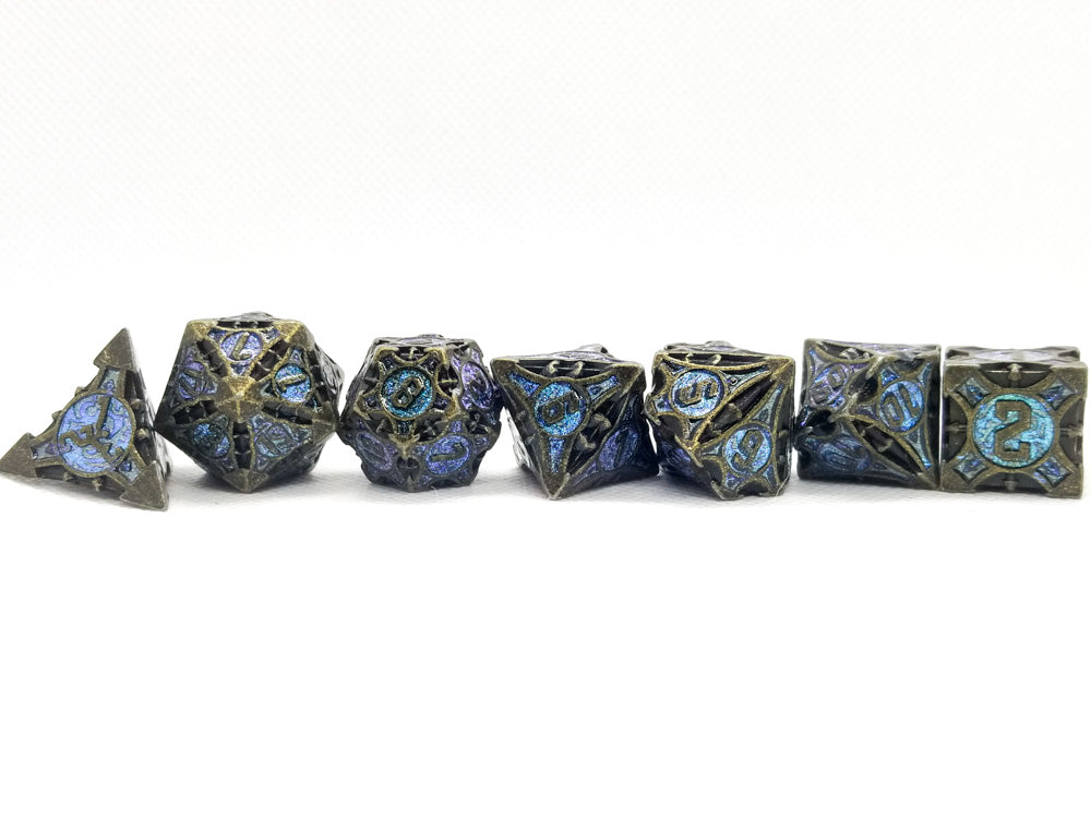 Dark Silver w/purple-blue Glitter Barbed Strengthened Metal 7-Dice Set | Metal DND Dice