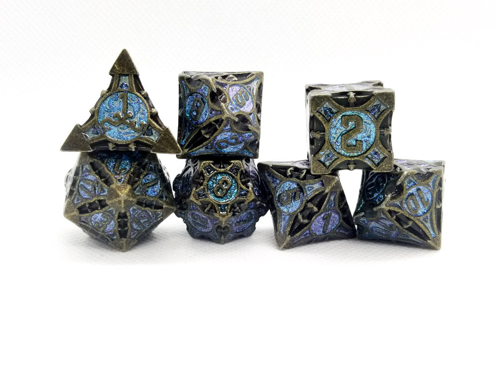 Dark Silver w/purple-blue Glitter Barbed Strengthened Metal 7-Dice Set | Metal DND Dice