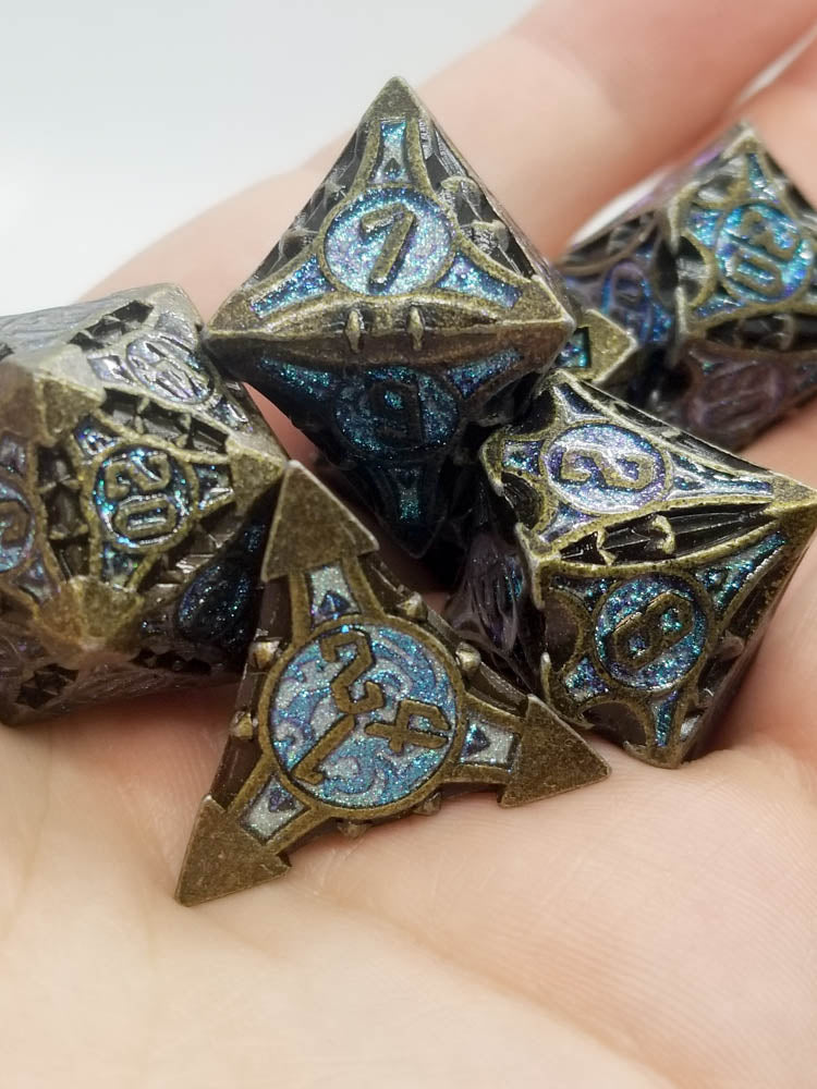 Dark Silver w/purple-blue Glitter Barbed Strengthened Metal 7-Dice Set | Metal DND Dice
